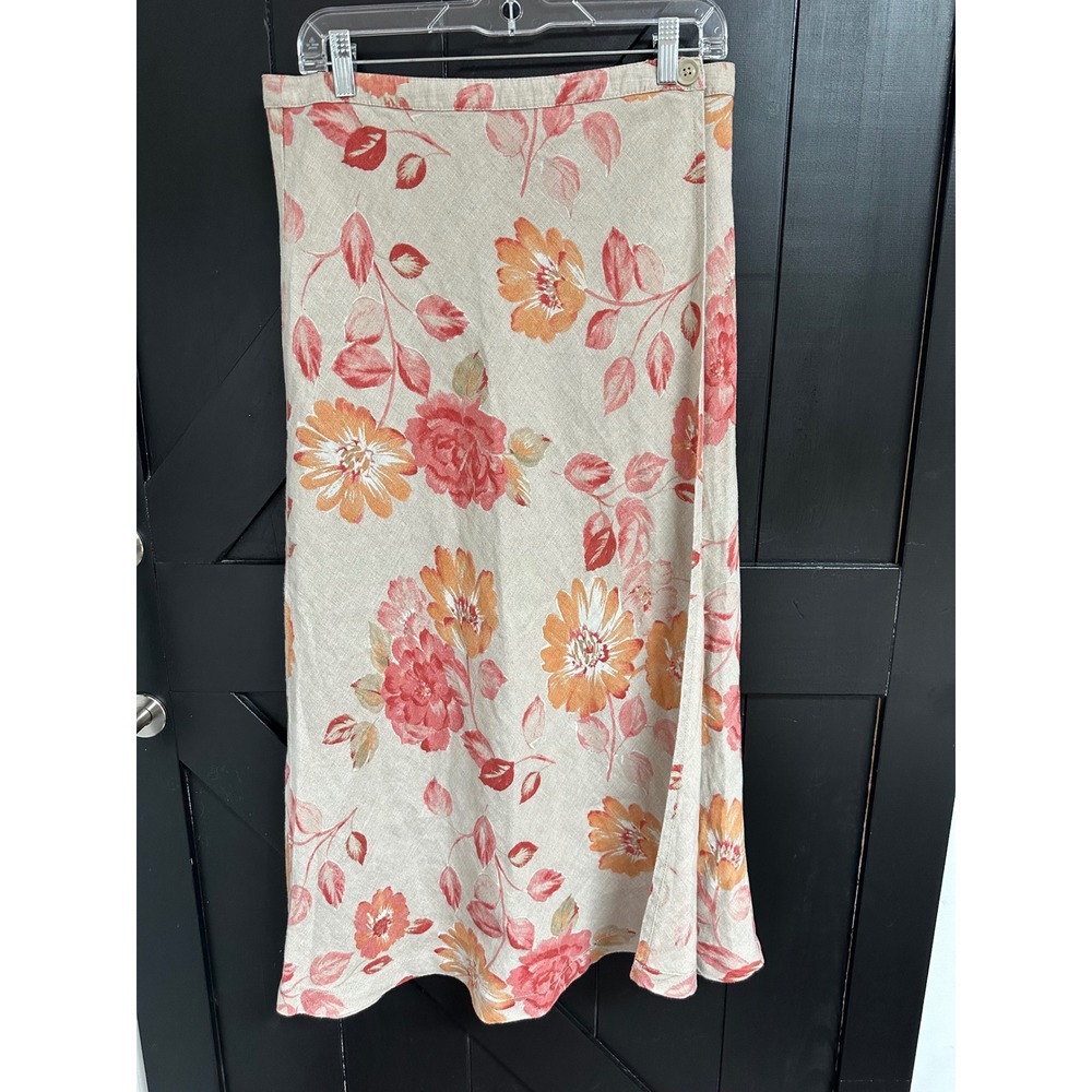 Eddie Bauer Linen Floral Maxi Wrap Skirt Tan Pink Orange Size 8 Cottagecore Boho
